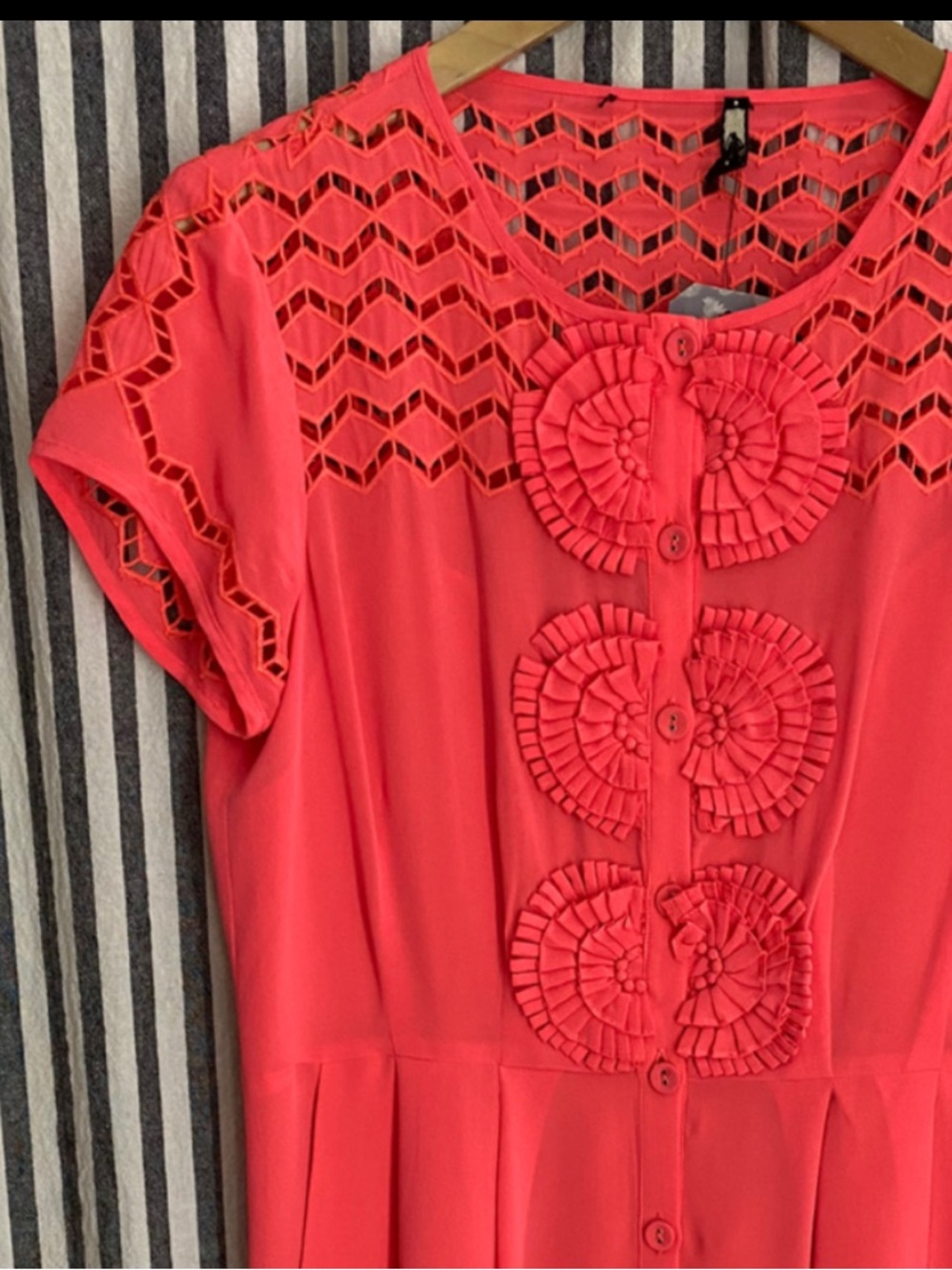 Nanette Lepore Dress vintage silk Orange Coral Button-Front w Rosette Detail S - Picture 4 of 4